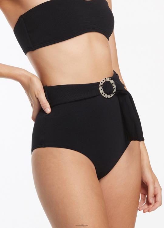 الجزء السفلي من بيكيني بحزام مضلع عالي الخصر من Isla نحيف أسود Seafolly ملابس سباحة 2JF2D355