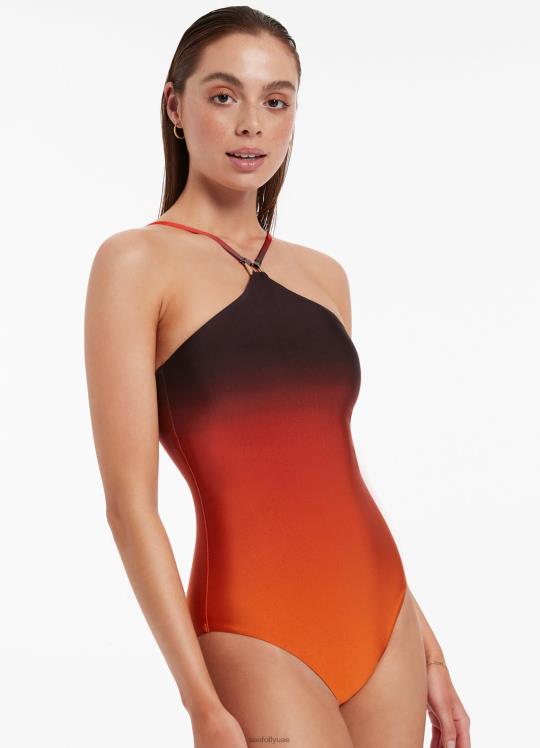 قطعة واحدة من Oia Sunset ذات الرقبة العالية نحيف برتقالي محترق Seafolly ملابس سباحة 2JF2D99