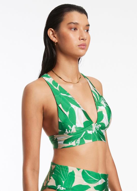 طبقة علوية ثلاثية ناعمة من الزهور نحيف أخضر Seafolly ملابس سباحة 2JF2D563